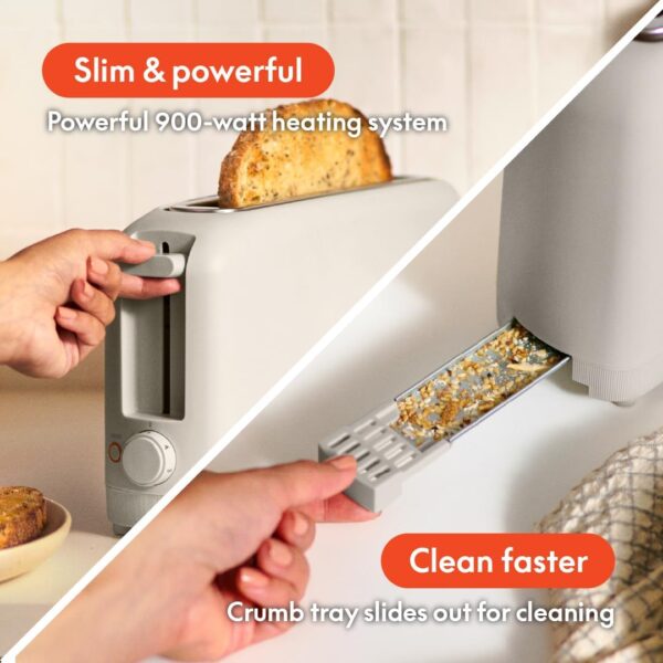 bella 2 Slice Slim Toaster, Fits-anywhere™ Kitchenware, 6 Setting Shade Control with Reheat & Cancel Buttons, Removable Crumb Tray, 10” Long Slot, Anti Jam & Auto Shutoff, 900 Watt, Oatmilk - Image 5