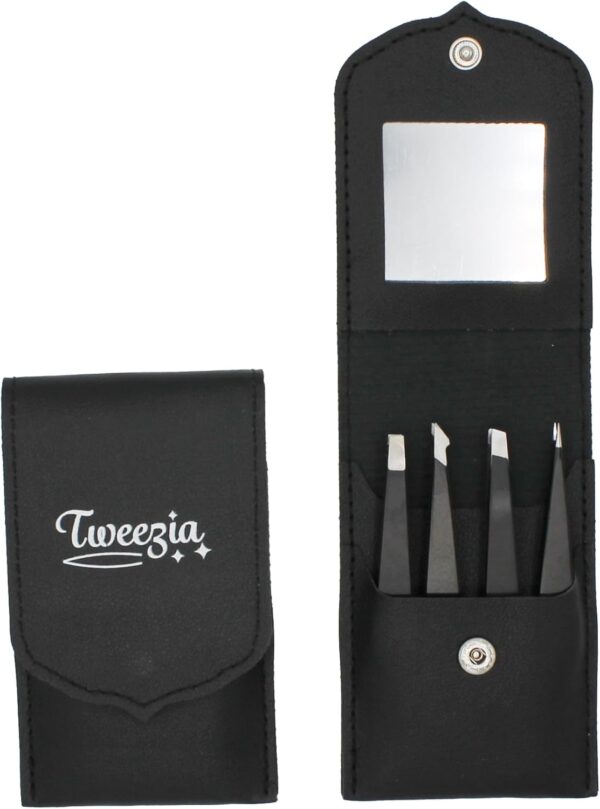 TWEEZIA Stainless Steel Tweezer Set - 4 Precision Tweezers with Mirror & Leather Case - Ideal Eyebrow Kit, Ingrown Hair Tweezers, Splinter Removal Kit or Pointed Tweezers for Beauty and Personal Care - Image 2