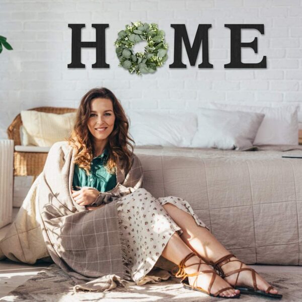 Wood Home Sign with Artificial Eucalyptus Wreath for O, Hanging Farmhouse Wall House Decor Wood Letters for Wall Art Rustic Home Decor, Wall Decor for Living Room Kitchen Entryway (Black) - Image 4