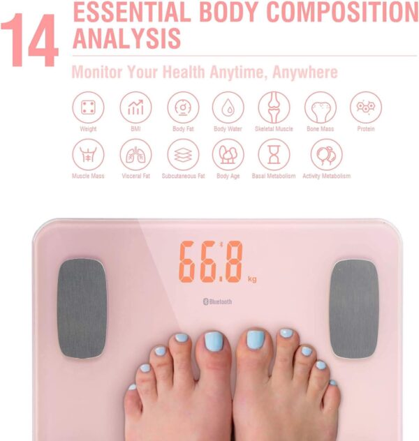himaly Body Fat Scale, Smart BMI Scale Digital Bathroom Wireless Weight Scale, Body Monitor Health Composition Analyzer with Smartphone App sync with Bluetooth-Compatible, 400 lbs - Pink - Image 3