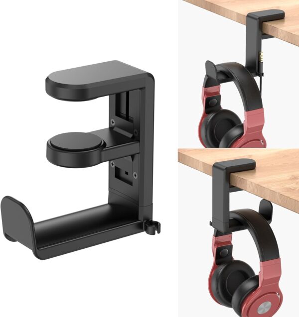 EURPMASK Rotating Headphone Stand - PC Gaming Headset Holder, Adjustable Clamp-on Under Desk Hanger With 360 Degree Swivel & Cable Clip Organizer - Black - Image 2