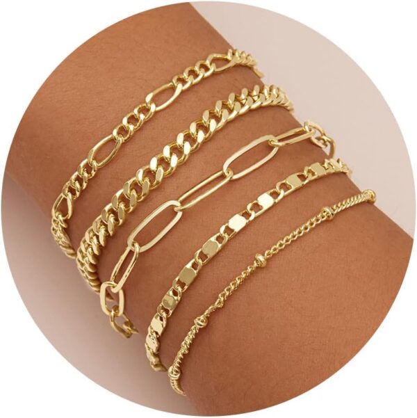 Gold Bracelets for Women Trendy,14K Real Gold Plated Dainty Stackable Paperclip Cuban Link Chain Bracelets,Cuff Bracelets Jewelry Set Adjustable 7"+2" - Image 2
