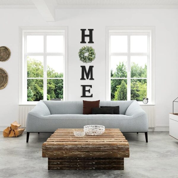 Wood Home Sign with Artificial Eucalyptus Wreath for O, Hanging Farmhouse Wall House Decor Wood Letters for Wall Art Rustic Home Decor, Wall Decor for Living Room Kitchen Entryway (Black) - Image 3