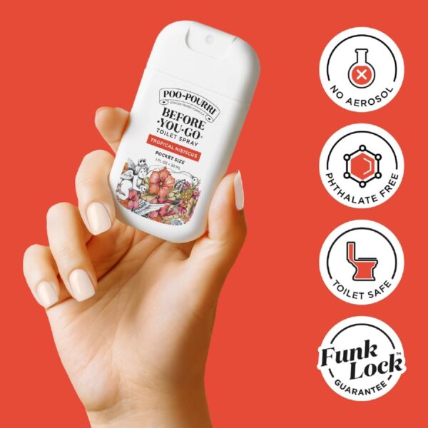 Poo-Pourri Tropical Hibiscus Pocket Before-You-Go Air & Toilet Spray - Instantly Trap Bathroom Odor - Plant Based Ingredients & Essential Oils - Travel Essentials, with Hibiscus Apricot & Citrus Scent - Image 8