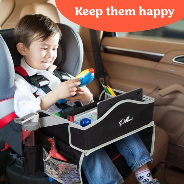 PILLANI Kids Travel Tray for Car - Car Seat Tray for Kids Travel, Road Trip Essentials - Carseat Table for Roadtrip Activities - Must Have Toddler Lap Desk Organizer for Airplane - Car Accessories - Image 3