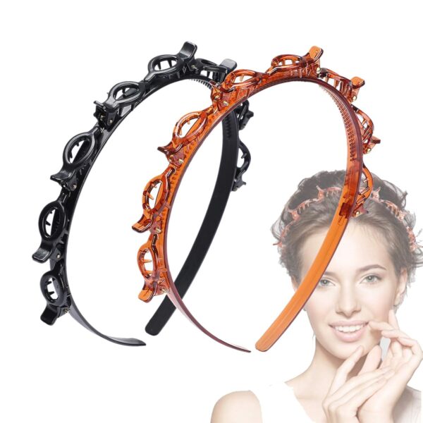 JASSINS 2 Pcs Bangs Hairstyle Hairpin Headband, Professional Weave Bangs Clip, Toothed Headband Braid Tool, Women Girls Fashion Hair Accessories (Black and Brown) - Image 2