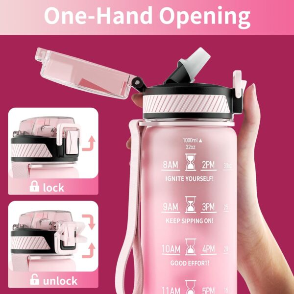 Water Bottle with Straw, 32oz Motivational Water Bottles with Time Marker to Drink, Tritan BPA Free, 1L Sports Water Bottle with Carry Strap LeakProof for Women Gym Fitness Outdoor (1 Pack) - Image 4