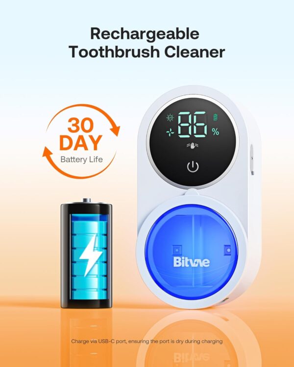 Bitvae Toothbrush Cleaner & Toothbrush Holder, Cleaning and Air Drying, LED Smart Screen, Rechargeable Wall Mount Toothbrush Holder for Bathrooms - Image 9