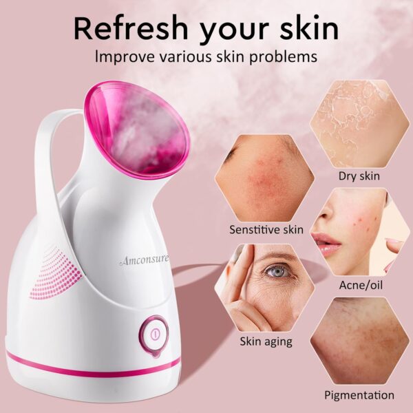 Amconsure Facial Steamer - Nano Ionic Face Steamer Warm Mist Steamer for Home Sauna SPA, Humidifier for Face Steamer for Deep Cleaning Unclogs Pores Sinuses - Bonus 5 Piece Stainless Steel Skin Kit - Image 5