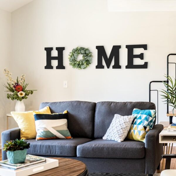 Wood Home Sign with Artificial Eucalyptus Wreath for O, Hanging Farmhouse Wall House Decor Wood Letters for Wall Art Rustic Home Decor, Wall Decor for Living Room Kitchen Entryway (Black) - Image 8