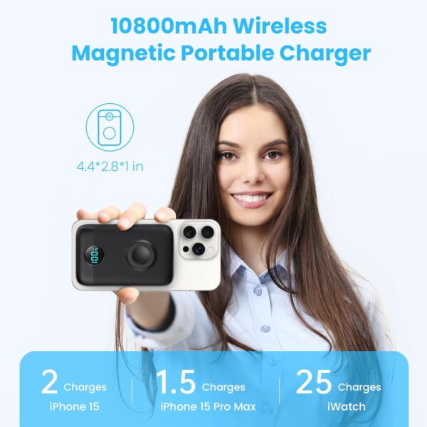 Magnetic Portable Charger 10800mAh,4-in-1 Wireless Power Bank with iWatch Charger, QC4.0+20W PD Fast Charging USB C Battery Pack with LCD Display for Magsafe,iPhone 16/15/14/13/12 Series,Apple Watch - Image 3