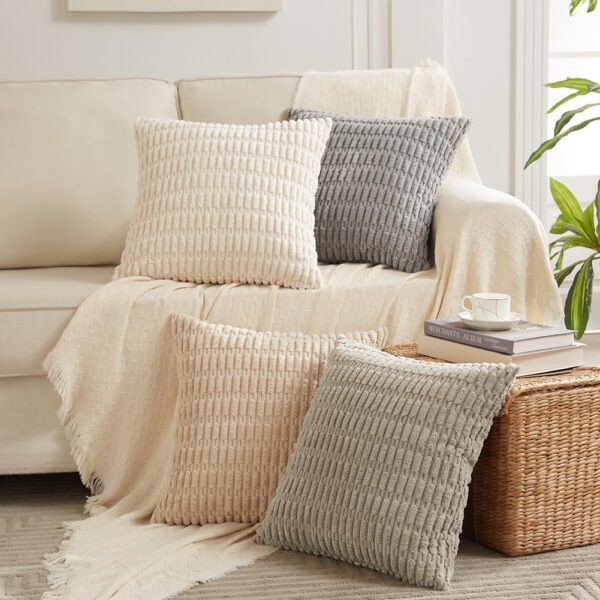Fancy Homi 4 Packs Neutral Decorative Throw Pillow Covers 18x18 Inch for Living Room Couch Bed Sofa, Rustic Farmhouse Boho Home Decor, Soft Plush Striped Corduroy Square Cushion Case 45x45 cm - Image 8
