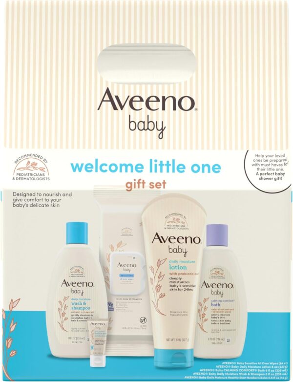 Aveeno Baby Welcome Little One Gift Set, Baby Skincare Set with Nourishing Baby Body Wash & Shampoo, Calming Bath Wash, All Over Baby Wipes, Daily Moisturizing Lotion, & Baby Balm, 5 Items - Image 2