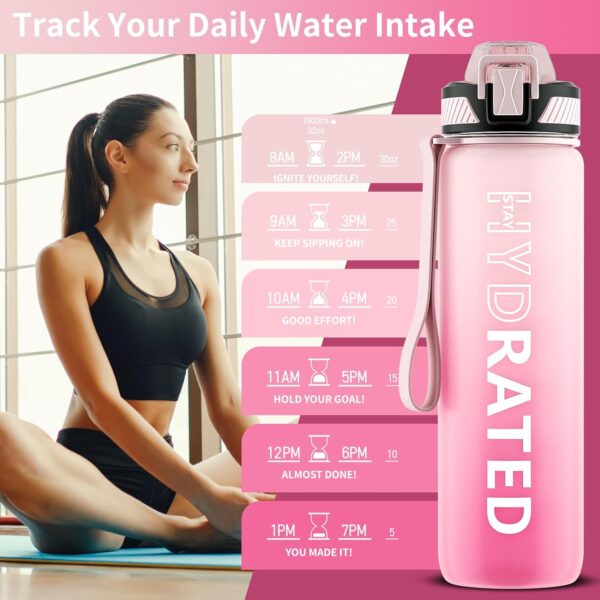 Water Bottle with Straw, 32oz Motivational Water Bottles with Time Marker to Drink, Tritan BPA Free, 1L Sports Water Bottle with Carry Strap LeakProof for Women Gym Fitness Outdoor (1 Pack) - Image 3