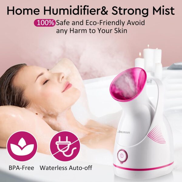 Amconsure Facial Steamer - Nano Ionic Face Steamer Warm Mist Steamer for Home Sauna SPA, Humidifier for Face Steamer for Deep Cleaning Unclogs Pores Sinuses - Bonus 5 Piece Stainless Steel Skin Kit - Image 6