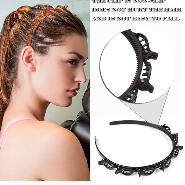 JASSINS 2 Pcs Bangs Hairstyle Hairpin Headband, Professional Weave Bangs Clip, Toothed Headband Braid Tool, Women Girls Fashion Hair Accessories (Black and Brown) - Image 4