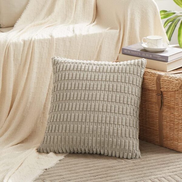 Fancy Homi 4 Packs Neutral Decorative Throw Pillow Covers 18x18 Inch for Living Room Couch Bed Sofa, Rustic Farmhouse Boho Home Decor, Soft Plush Striped Corduroy Square Cushion Case 45x45 cm - Image 3