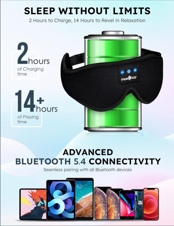 MUSICOZY Sleep Headphones, Bluetooth 5.4 Sleep Mask Headband Headphones Sleeping Eye Mask, Wireless Music Earbuds Earphones with HD Stereo Speakers for Side Sleepers, Cool Gadgets Unique Gift - Image 4