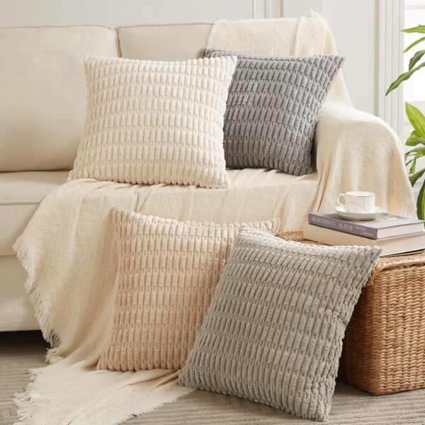 Fancy Homi 4 Packs Neutral Decorative Throw Pillow Covers 18x18 Inch for Living Room Couch Bed Sofa, Rustic Farmhouse Boho Home Decor, Soft Plush Striped Corduroy Square Cushion Case 45x45 cm - Image 2