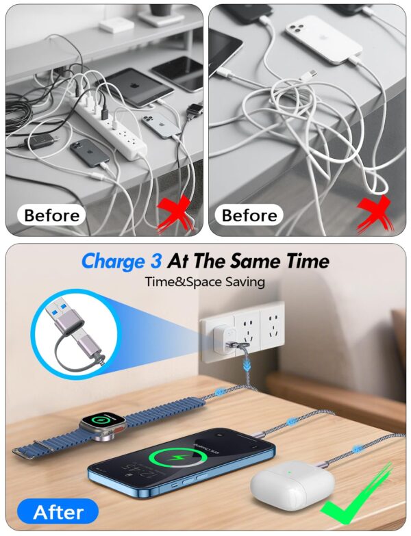 2Pack Multi Fast Charging Cable for Apple Watch Charger,iPhone Charger,[ 3-in-2 Travel Essentials] USB A/Type C/Lightning Cable for iWatch Ultra/SE/10-2,iPhone 16-11,Nintendo Switch,iPad-4FT - Image 6