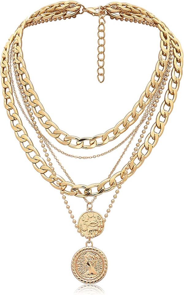 MJartoria Gold Layered Necklaces for Women Trendy Retro Coin Pendant Necklace Dainty Chunky Chain Choker Necklaces for Jewelry Birthday Gifts - Image 2