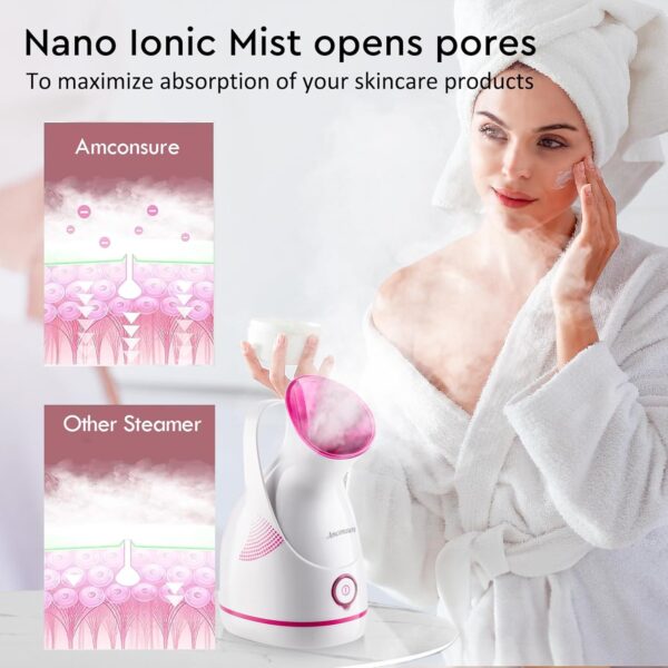 Amconsure Facial Steamer - Nano Ionic Face Steamer Warm Mist Steamer for Home Sauna SPA, Humidifier for Face Steamer for Deep Cleaning Unclogs Pores Sinuses - Bonus 5 Piece Stainless Steel Skin Kit - Image 4