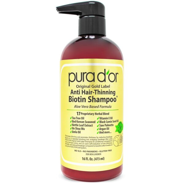 PURA D'OR 16 Oz Original Gold Label Anti-Thinning Biotin Shampoo Natural Earthy Scent, CLINICALLY TESTED Effective Results, Herbal Hair Thickening Products, 3-1 Wash, Women & Men, Color Treated Hair - Image 2