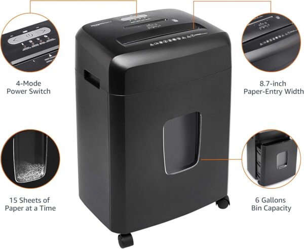 Amazon Basics 15 Sheet - New model Cross Cut Paper and Credit Card CD Shredder With 6 Gallon Bin, Black - Image 8