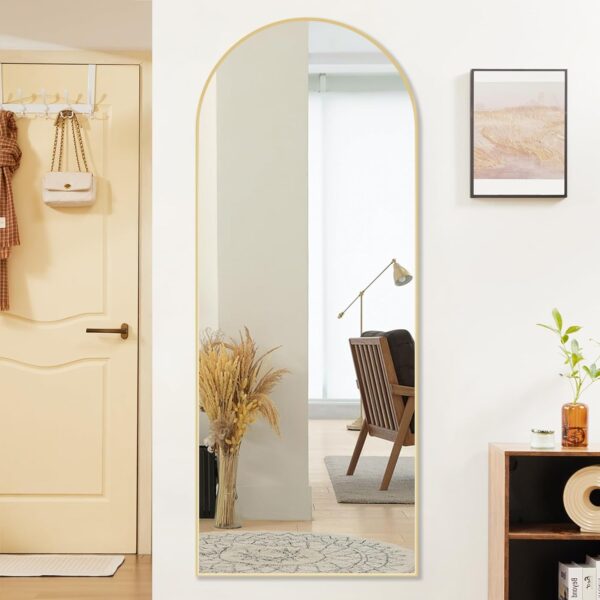 Sweetcrispy 64"x21" Arched Full Length Mirror, Standing or Leaning Full Body Mirror with Aluminum Alloy Thin Frame, Suitable for Bedroom or Cloakroom,Gold - Image 3