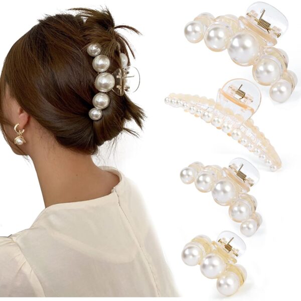 Mehayi 4 PCS Large Pearl Hair Claw Clips for Women Girls, Hair Barrette Clamps for Thick Thin Hair, Fashion Hair Accessories Headwear Styling Tools for Party Wedding - Image 2