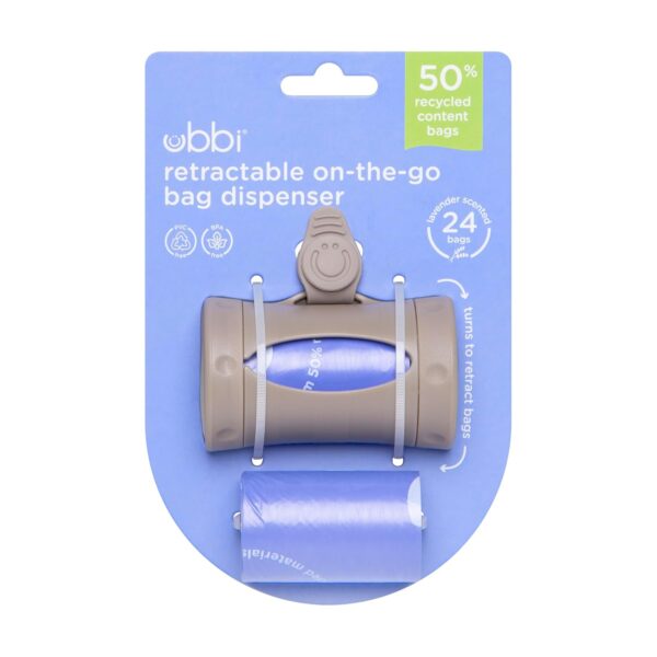 Ubbi Retractable On-the-Go Bag Dispenser for Baby Travel, Diaper Bag Accessory Must Have for Newborns, Helpful Baby Accessory, Taupe - Image 9