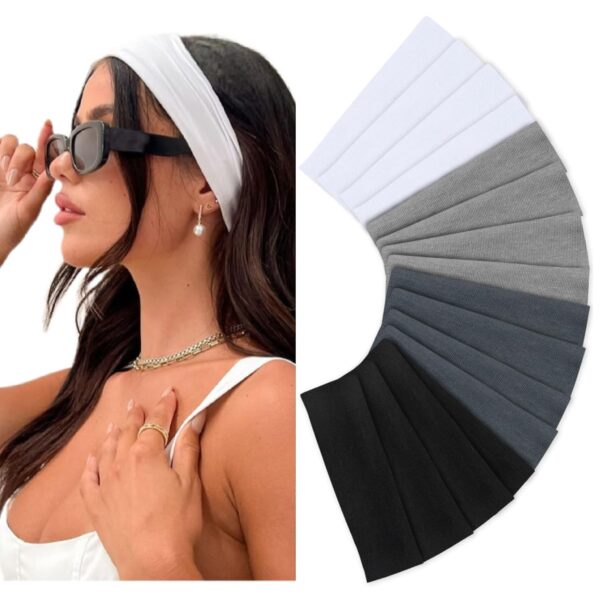 Headbands for Women Non Slip 16 Pack Elastic Sports Hair Bands for Women, Soft Cotton Cloth Headband for Workout Yoga Fashion Hair Accessories, Black White Gray Trendy Head Bands - Image 2
