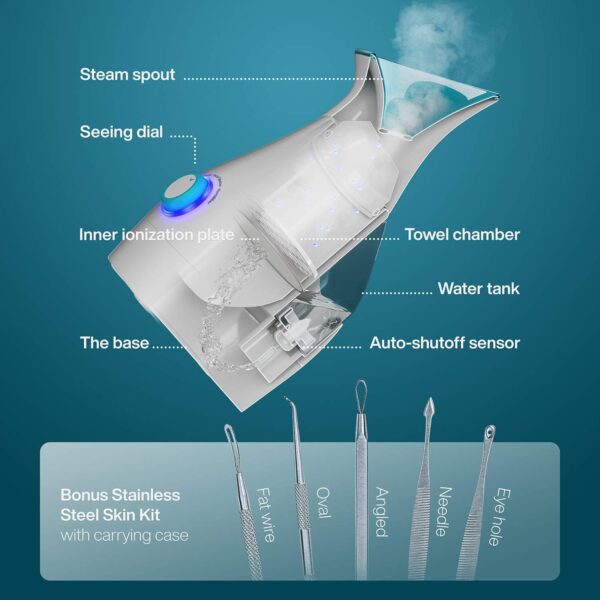 Pure Daily Care NanoSteamer Large 3-in-1 Nano Ionic Facial Steamer with Precise Temp Control - Humidifier - Unclogs Pores - Blackheads - Spa Quality - Bonus 5 Piece Stainless Steel Skin Kit (Teal) - Image 3