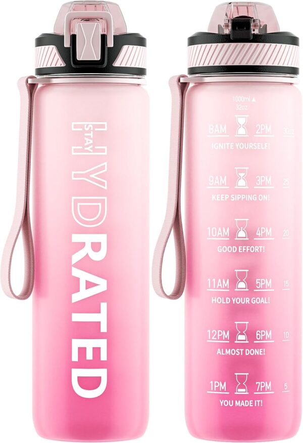 Water Bottle with Straw, 32oz Motivational Water Bottles with Time Marker to Drink, Tritan BPA Free, 1L Sports Water Bottle with Carry Strap LeakProof for Women Gym Fitness Outdoor (1 Pack) - Image 2