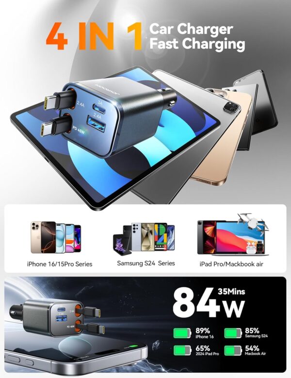 [2025 Upgrade] Retractable Car Charger 84W Car Charger USB C Fast Charging for iPhone 16 [Upgrade Dual Type C Cables] Car Accessories Adapter for iPhone 16 15 Pro, Samsung S25/S24, Android - Image 5