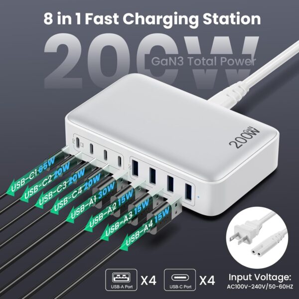 USB C Charger 200W USB C Charger Block,Upgraded GaN III 8-Port Fast Charging Station Hub,PD 65W Laptop Charging Adapter Compatible with MacBook Pro/Air,DELL,Steam Deck,iPhone 16/15/14,Galaxy S23/22 - Image 3