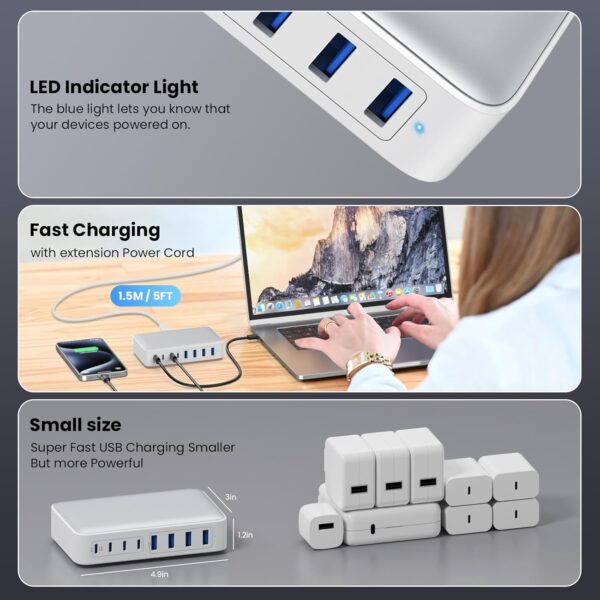USB C Charger 200W USB C Charger Block,Upgraded GaN III 8-Port Fast Charging Station Hub,PD 65W Laptop Charging Adapter Compatible with MacBook Pro/Air,DELL,Steam Deck,iPhone 16/15/14,Galaxy S23/22 - Image 7