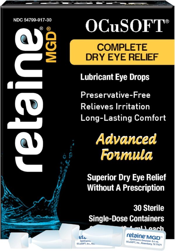 OCuSOFT Retaine MGD Ophthalmic Emulsion - Complete Dry Eye Relief - Soothes Red & Irritated Eyes - 30 Count Preservative-Free Single-Use Containers - 0.01 Fl Oz - Image 2