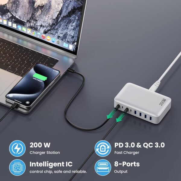 USB C Charger 200W USB C Charger Block,Upgraded GaN III 8-Port Fast Charging Station Hub,PD 65W Laptop Charging Adapter Compatible with MacBook Pro/Air,DELL,Steam Deck,iPhone 16/15/14,Galaxy S23/22 - Image 6
