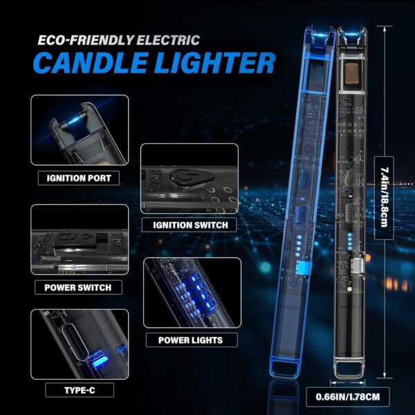 KTEBO® 2 Pack Electric Candle Lighters - Rechargeable USB-C Arc Lighters with LED Display & Transparent See-Through Tech Design, Windproof Flameless Long Lighter for Candles,BBQ,Camping,Stoves, Blue - Image 4