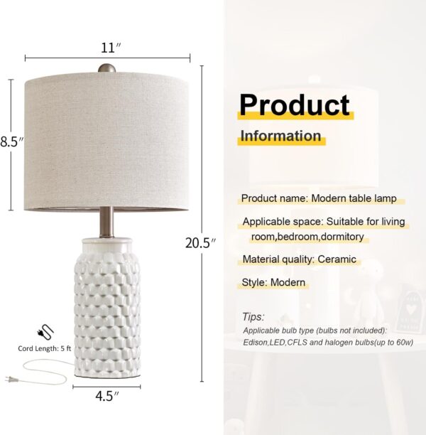 20.5" White Modern Ceramic Bedside Lamp Set of 2 for Bedroom Decor Farmhouse Table Lamp for Living Room Office Dorm - Image 4