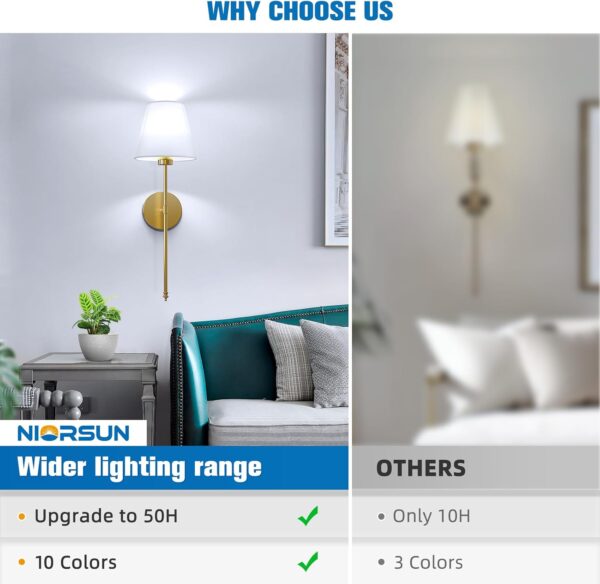 NIORSUN Battery Operated Wall Sconce Set of 2,Gold Rechargeable Wall Lights with 5200mAh Dimmable Bulbs and Remote,10 Colors Wireless Wall Lamps for Bedroom Living Room Hallway Decor - Image 9