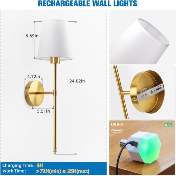 NIORSUN Battery Operated Wall Sconce Set of 2,Gold Rechargeable Wall Lights with 5200mAh Dimmable Bulbs and Remote,10 Colors Wireless Wall Lamps for Bedroom Living Room Hallway Decor - Image 8