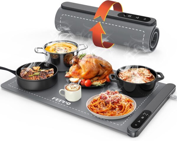 FEPPO Food Warming Mat, Upgrade High-tech Graphene Heating Film, Fast Full Surface Electric Warming Tray with 6 Level Adjustable Temperature and 6 Hours Timer, Roll Up Food Warmers for Parties Buffet - Image 2