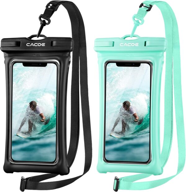 CACOE [Floatable] Floating Universal IPX8 Waterproof Phone case 2 Pack-Up to 7.0",Adjustable Lanyard Phone Pouch,Cellphone Dry Bags for Vacation Beach Pool Kayak Cruise Travel Essentials（Black+Green） - Image 2