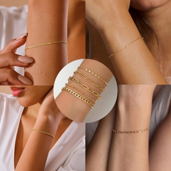 Gold Bracelets for Women Trendy,14K Real Gold Plated Dainty Stackable Paperclip Cuban Link Chain Bracelets,Cuff Bracelets Jewelry Set Adjustable 7"+2" - Image 7