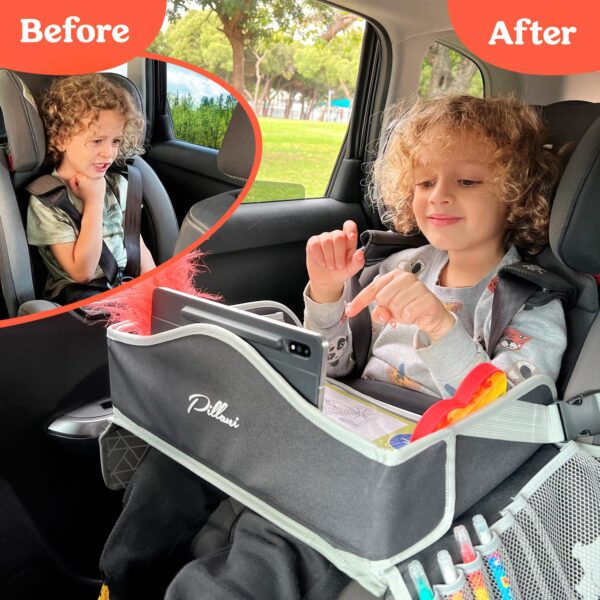 PILLANI Kids Travel Tray for Car - Car Seat Tray for Kids Travel, Road Trip Essentials - Carseat Table for Roadtrip Activities - Must Have Toddler Lap Desk Organizer for Airplane - Car Accessories - Image 4
