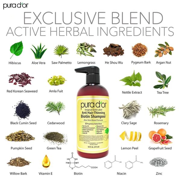 PURA D'OR 16 Oz Original Gold Label Anti-Thinning Biotin Shampoo Natural Earthy Scent, CLINICALLY TESTED Effective Results, Herbal Hair Thickening Products, 3-1 Wash, Women & Men, Color Treated Hair - Image 5