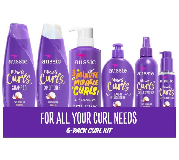 Aussie Miracle Curls Set: Shampoo, Conditioner, Deep Hydration, Spray Gel, Detangling Milk, and Oil Hair Treatment, Curl Oil, Coconut & Jojoba, Frizz Control, 6 Pieces - Image 2