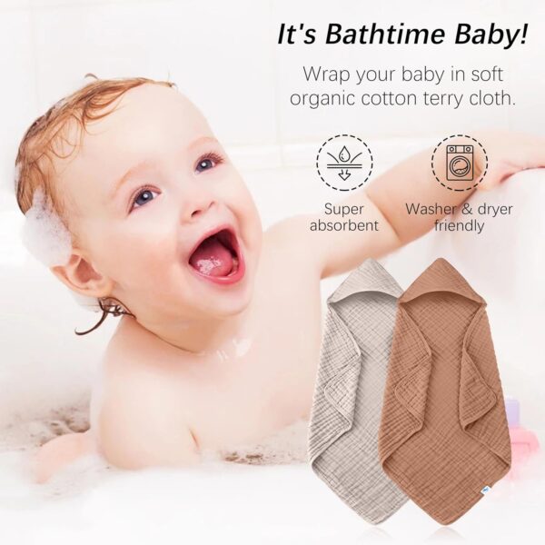 SWEET DOLPHIN Muslin Hooded Baby Bath Towels - 2 Pack 100% Cotton Towel for Babies, Infants, Toddlers - 32x32Inch - Highly Absorbent and Newborn Essential, Light Bean Paste - Image 4